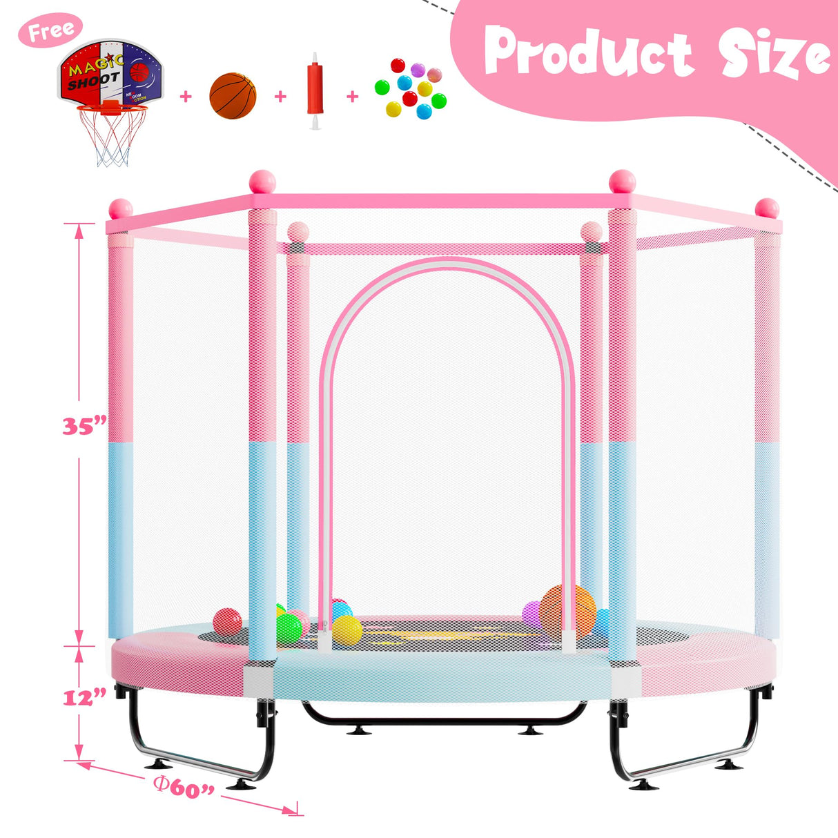 60" Trampoline for Kids, 5 FT Toddler Baby Trampoline with Safety Enclosure Net, Indoor or Outdoor Pink/Blue Small Trampolines with Basketball Hoop, Birthday Gifts for Kids, Gifts for Girl Age 3-8 VGMiu