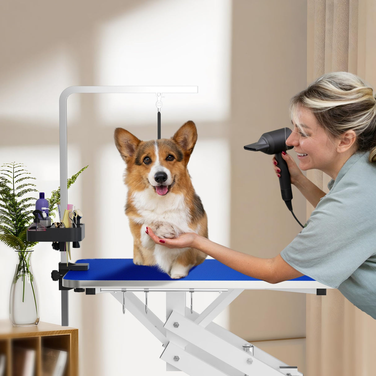 ROOMTEC 43" Hydraulic Pet Grooming Table w/Anti-Static Table Top, Heav Duty Z-Lift Dog Grooming Table/21-36 w/Armrests/Leash Covers/Tool Organiyzers/Hooks, Weight Capacity 330LBS (Blue) ROOMTEC