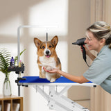 ROOMTEC 43" Hydraulic Pet Grooming Table w/Anti-Static Table Top, Heav Duty Z-Lift Dog Grooming Table/21-36 w/Armrests/Leash Covers/Tool Organiyzers/Hooks, Weight Capacity 330LBS (Blue) ROOMTEC