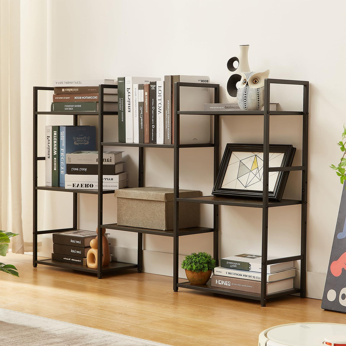 EYOCAL Triple 3 Tier Bookshelf, Wide Industrial Large Book Shelf with 8 Open Display Shelves for Home & Office, Rustic Brown EYOCAL