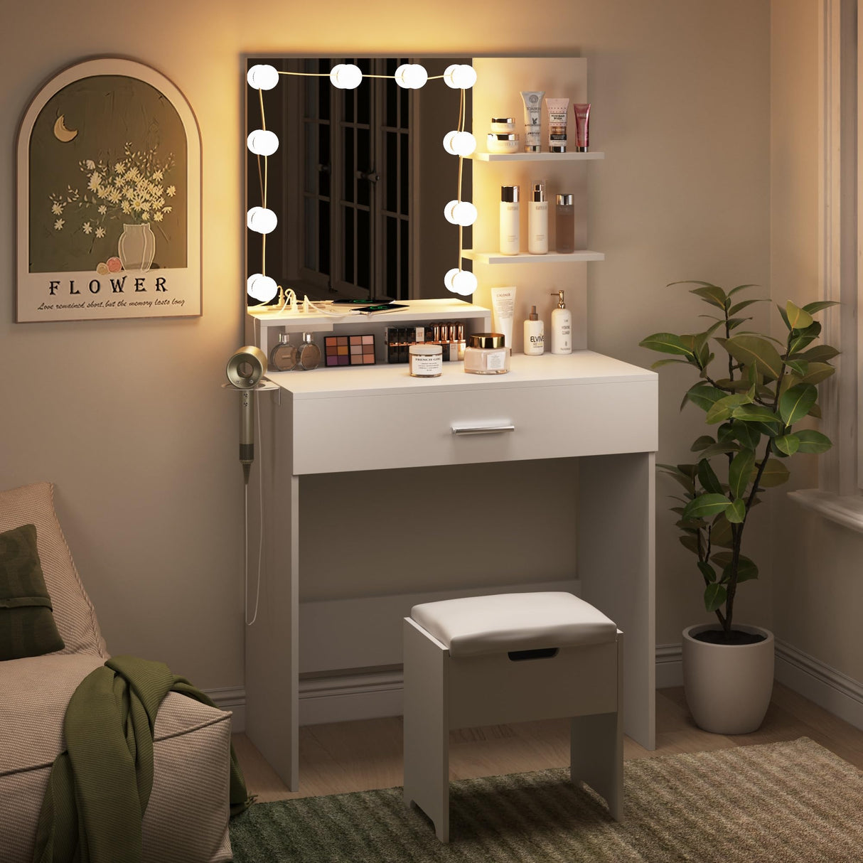 Vabches Makeup Vanity Table with Lighted Mirror & Power Strip, White Vanity Set, Lots Storage, 3 Lighting Modes, Brightness Adjustable, 31.5 * 15.75 * 57.7in, White Vabches