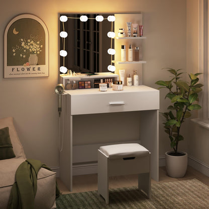 Vabches Makeup Vanity Table with Lighted Mirror & Power Strip, White Vanity Set, Lots Storage, 3 Lighting Modes, Brightness Adjustable, 31.5 * 15.75 * 57.7in, White