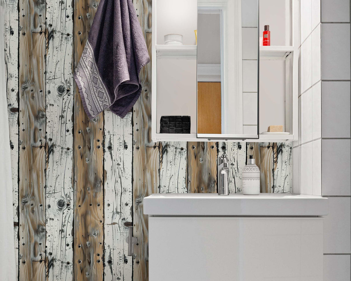 FLFK Rustic Wood Wallpaper,Peel and Stick Wood Grain Shiplap Design Wall Mural for Living Room, Bedroom, Kitchen, Office, Apartment Decor 16"x128" FLFK