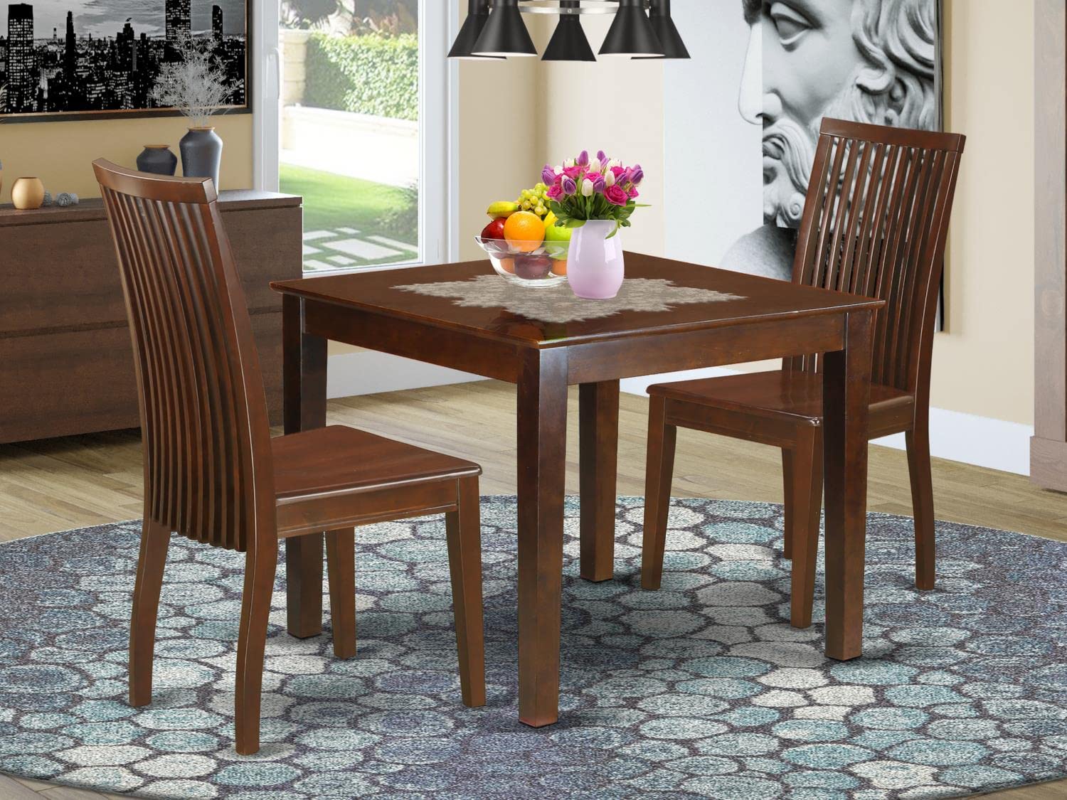 East West Furniture Oxford 3 Piece Modern Set Contains a Square Wooden Table and 2 Dining Room Chairs, 36x36 Inch, Mahogany - WoodArtSupply