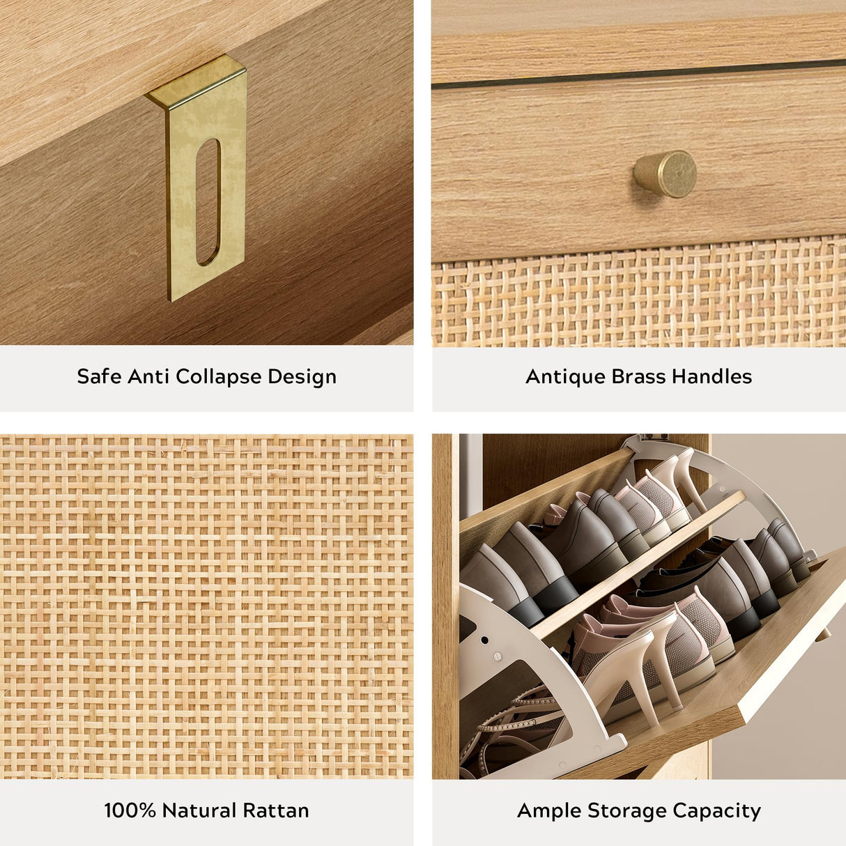 EYYTHUNG Shoe Cabinet with 2 Flip Drawers, Rattan Farmhouse Shoe Organizer, Boho Wooden Hidden Slim Narrow Shoe Rack Cabinet for Entryway, Hallway, Natural Oak EYYTHUNG