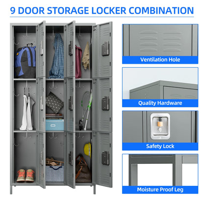 JAORD Metal Locker Storage Cabinet with 9 Doors, 72" Tall Locker for Employees, Steel Lockers for Home Office School Gym (Light Gray)