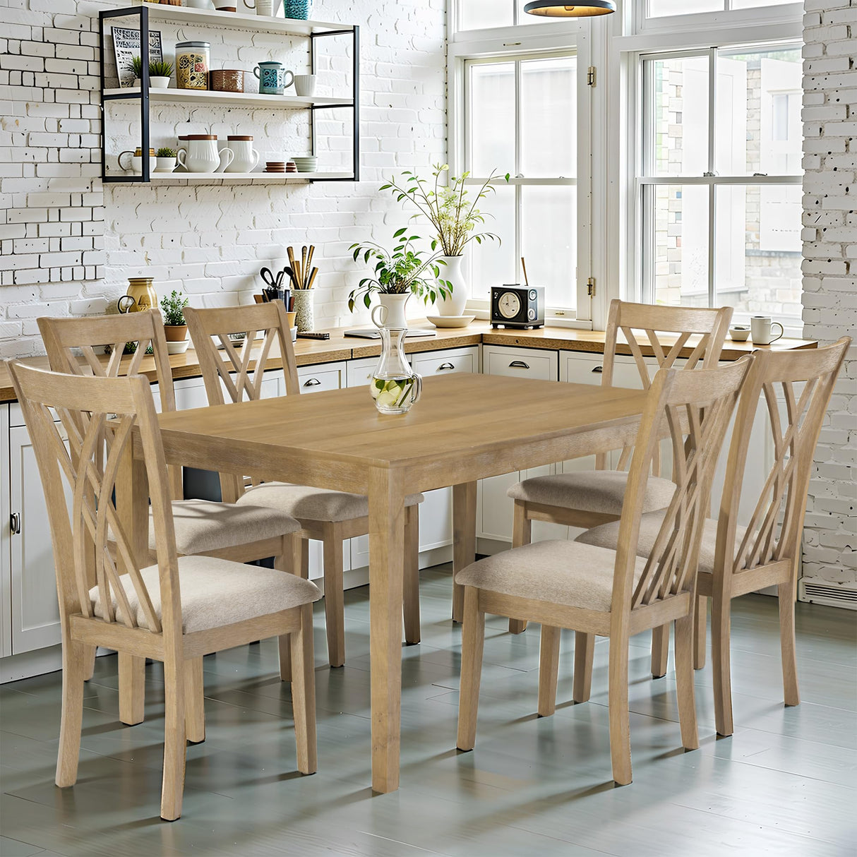 7-Piece Farmhouse Dining Table Set with 6 Upholstered Chairs & 60-Inch Solid Wood Table, Whitewash Finish - Rustic Kitchen Furniture, Padded Seats, Comfortable Dining Room Set for 6 SDHYL