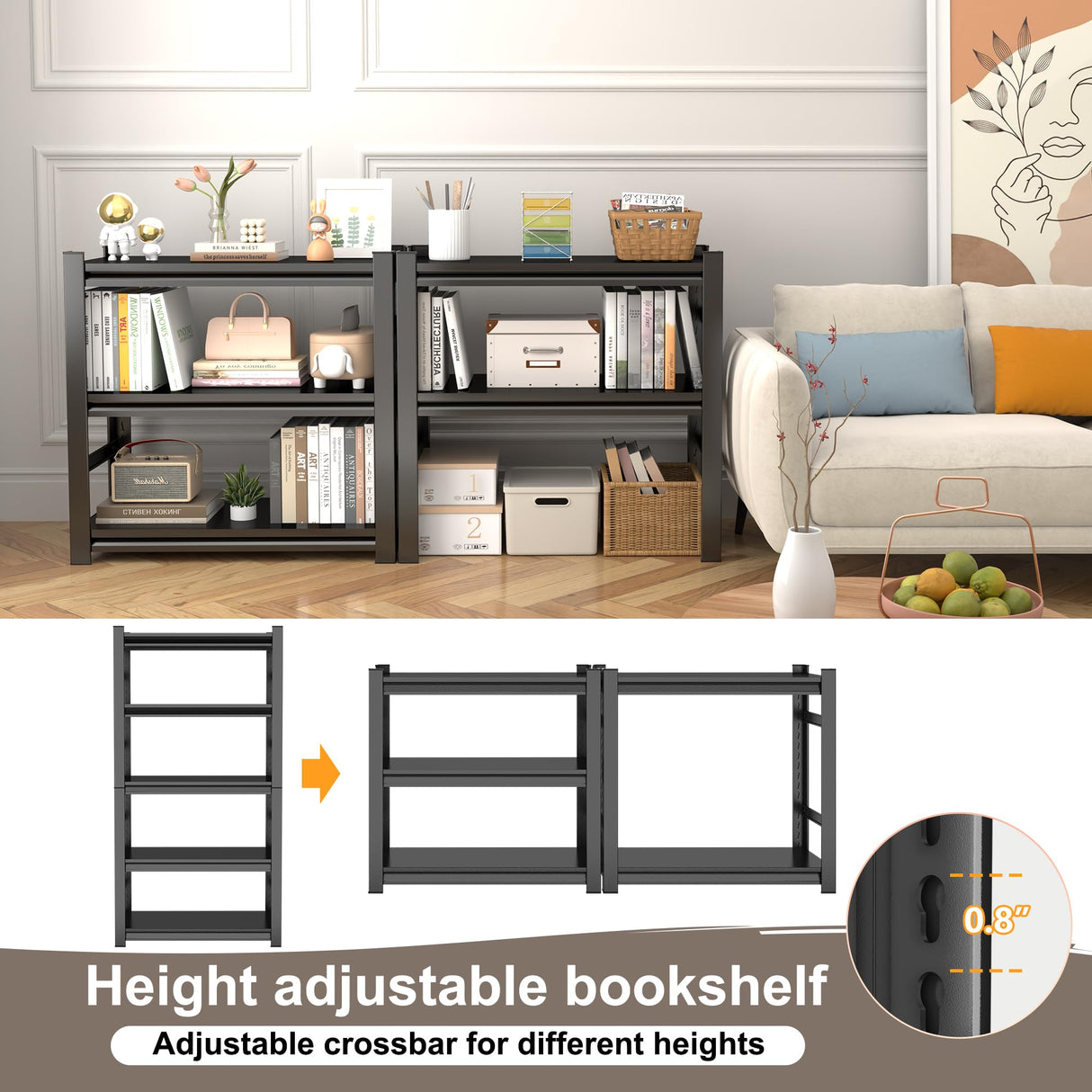 72" H Industrial Bookshelf&Bookcase, 5 Tier Adjustable Tall Book Shelves, Freestanding Modern Display Shelf Units, Metal Open Storage Shelving Organizer for CD/Movie/Book, Space Saving（Black） Metallitrend