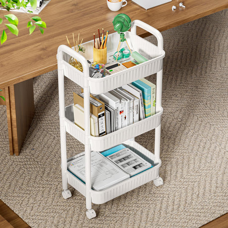JOYZAN 3 Tier Rolling Carts with Wheels, Utility Cart with Handle and Locking Caster, Storage Cart for Kitchen, Office, Bedroom, Suitable for Diaper, Art Tools, Snack, Craft Storage Cabinet, White JOYZAN
