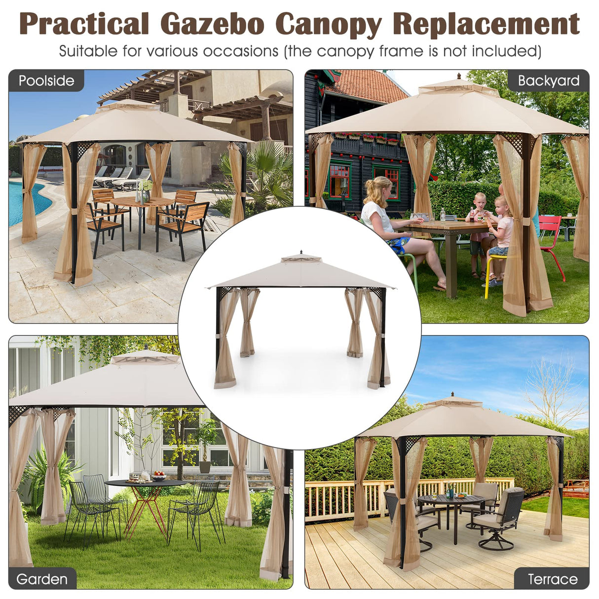 Tangkula 10x12 Ft Gazebo Replacement Canopy Top, Double Tier Canopy Replacement Roof with Air Vent and Drainage Holes, CPAI-84 Outdoor Canopy Top Cover for Garden, Backyard, Patio (Beige) Tangkula