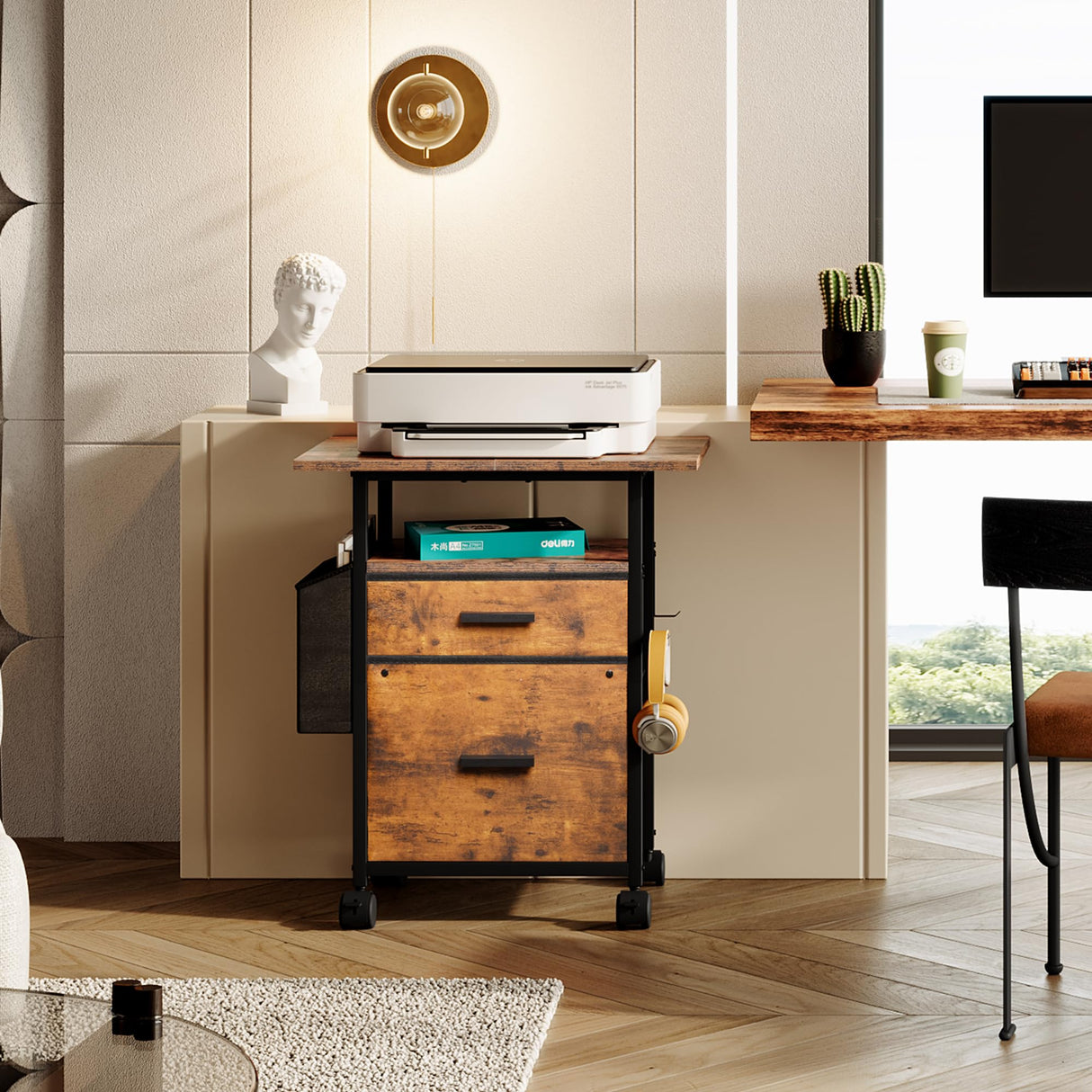 NASHZEN File Cabinet Printer Stand, Mobile Filing Cabinet with 2 Storage Drawers, for Hanging A4, Letter Size File Folders, Open Shelf with Storage Bag and Hooks Home Office, Rustic Brown NASHZEN