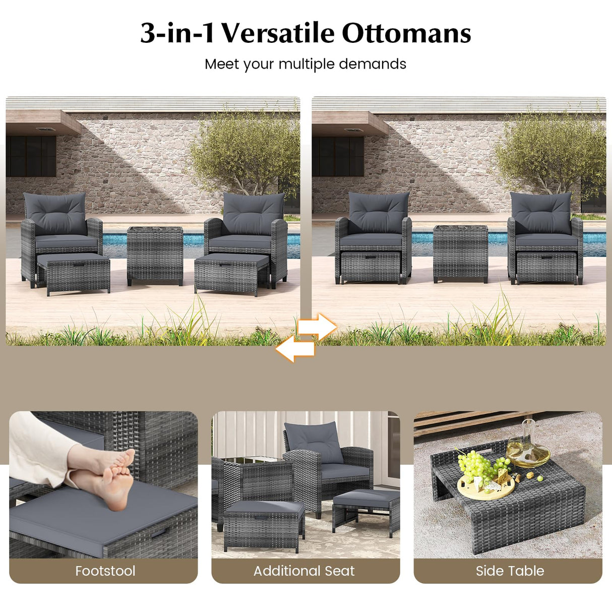 Tangkula 5 Piece Patio Rattan Furniture, Wicker Cushioned Chairs Set w/ 2 Ottomans & Tempered Glass Coffee Table, for Poolside, Backyard, Lawn, Deck Tangkula