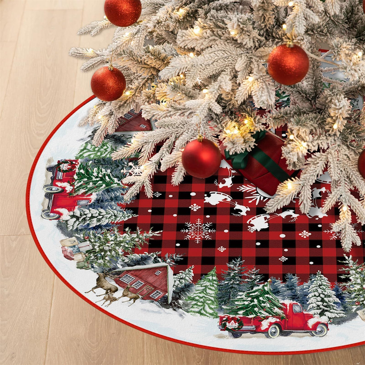 EKOREST Christmas Tree Skirt 48 Inches, Red Buffalo Plaid with Truck Pencil Tree Skirt, Winter Xmas Tree Mat Decorations for Home Party Holiday Decorations EKOREST