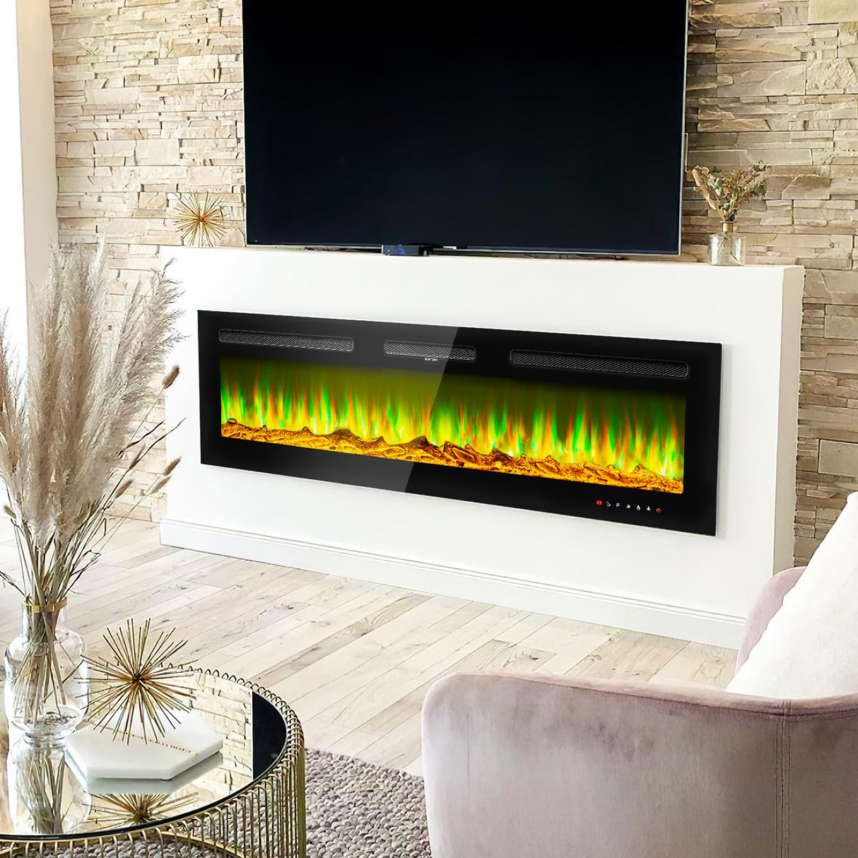 oneinmil Electric Fireplace, 60 inch Wide Recessed and Wall Mounted Electric Fireplace, 750W/1500W, 12 Color Flame, Remote Control, Log Set & Crystal oneinmil