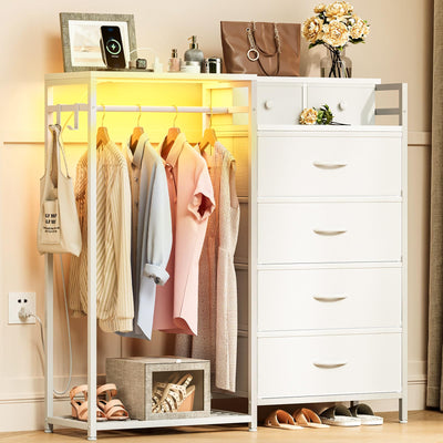 KKL 43" W White Dresser for Bedroom with Hanging Rack, Reversible 6 Drawers Dresser with Led Lights & Charging Station, Fabric Closet Dressers & Chest of Drawers with Clothes Rack for Girls, Kids