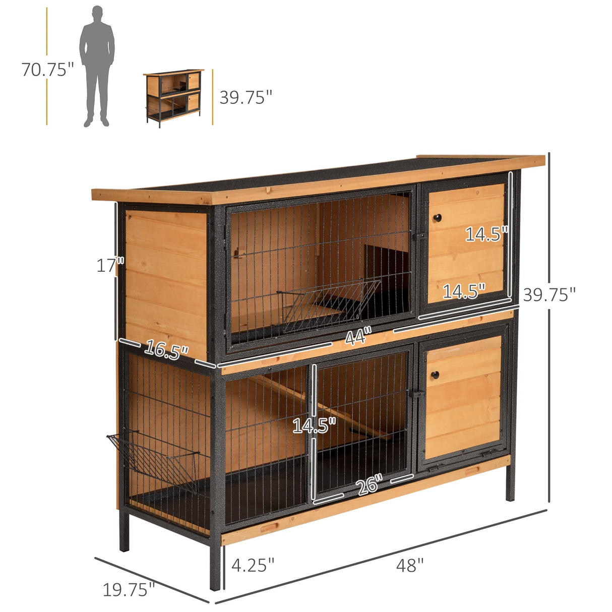 PawHut 48" 2-Story Large Rabbit Hutch Bunny Cage Wooden Pet House Metal Frame with Individual Room, Ramp, No Leak Tray, Feeding Trough, Waterproof Asphalt Roof for Outdoor/Indoor PawHut