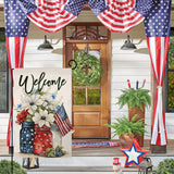 4th of July Floral Garden Flag 12x18 Vertical Double Sided Patriotic Mason Jar Flowers Red Blue Memorial Day Independence Day Holiday Outside Decorations Burlap Yard Flag BW321 BLKWHT