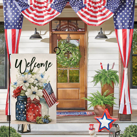 4th of July Floral Garden Flag 12x18 Vertical Double Sided Patriotic Mason Jar Flowers Red Blue Memorial Day Independence Day Holiday Outside Decorations Burlap Yard Flag BW321 BLKWHT