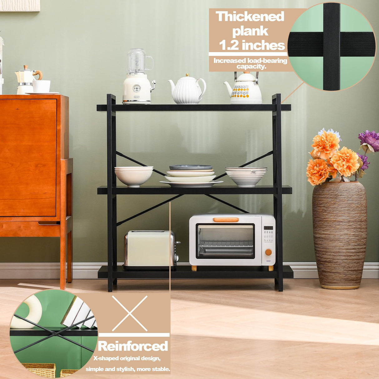 HCHQHS Bookshelf, 3-Tier Industrial Bookcase, Black Open Book Shelf, Freestanding Horizontal Bookshelves with Metal Frame HCHQHS