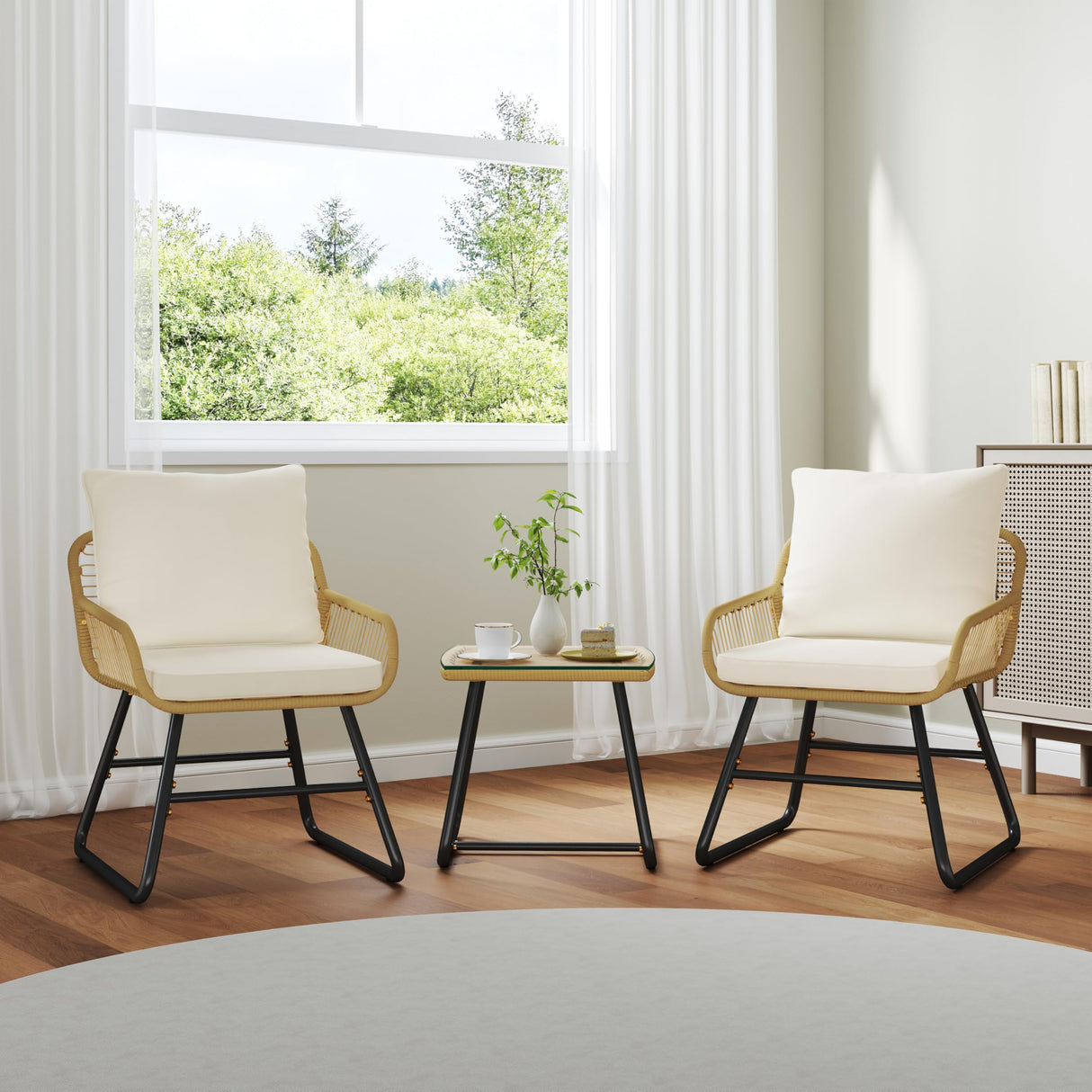 Yaheetech 3 Piece Patio Bistro Set Outdoor Wicker Bistro Furniture Sets, 2 Rattan Chairs and Glass Top Table for Patio, Balcony, Porch, Poolside, Backyard - Tan/Cream Yaheetech