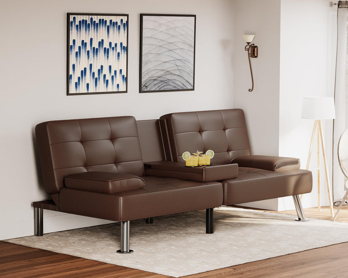 Flamaker Futon Sofa Bed Modern Folding Futon Set Convertible Recliner Lounge for Living Room with 2 Cup Holders, Removable Armrests (PU Leather, Brown) Flamaker