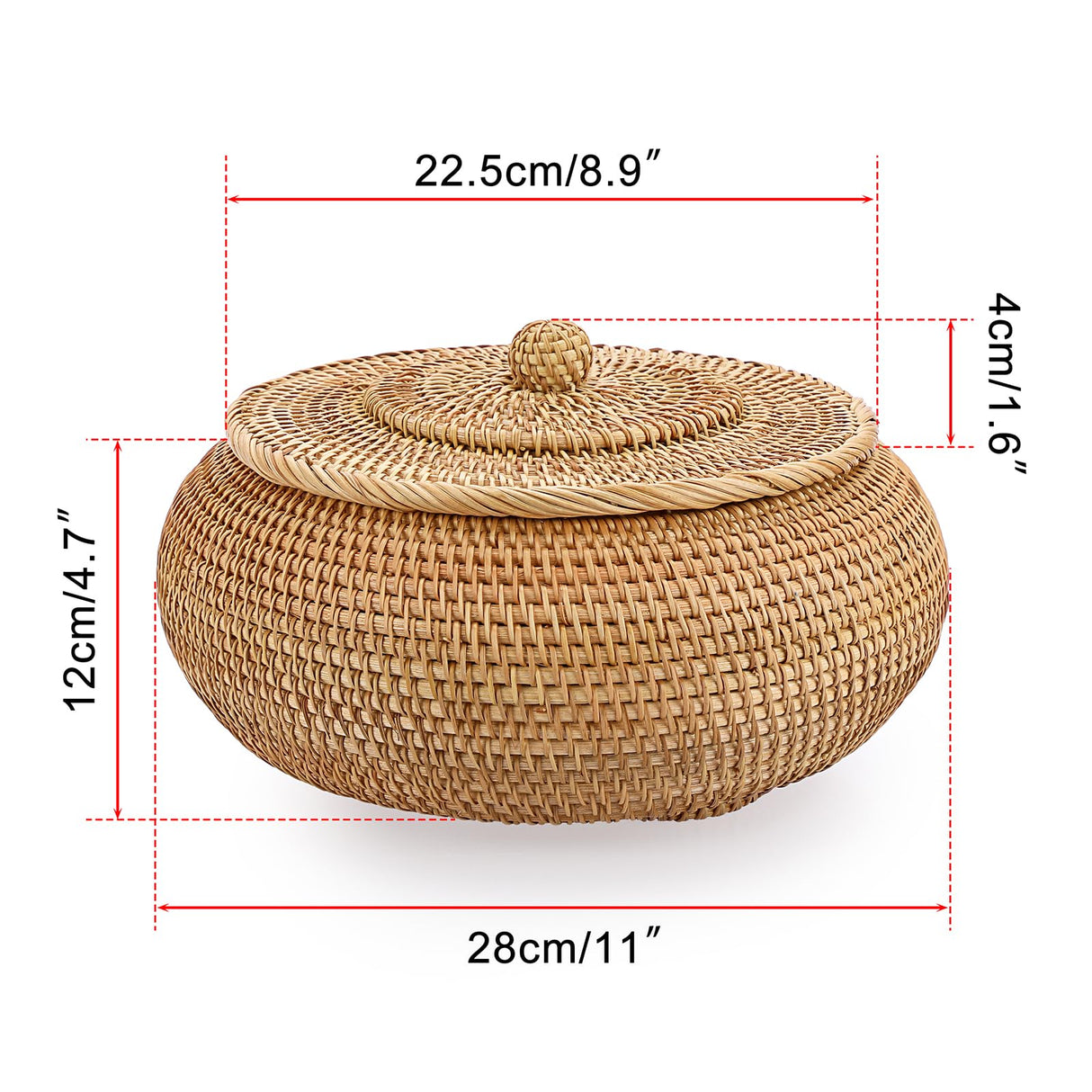 Hipiwe Round Rattan Boxes with Lid Natural Woven Storage Basket Bin Multi-Purpose Wicker Tray Weaving Decorative Shelf Basket Farmhouse Picnic Food Bread Fruit Table Storage Basket Hipiwe