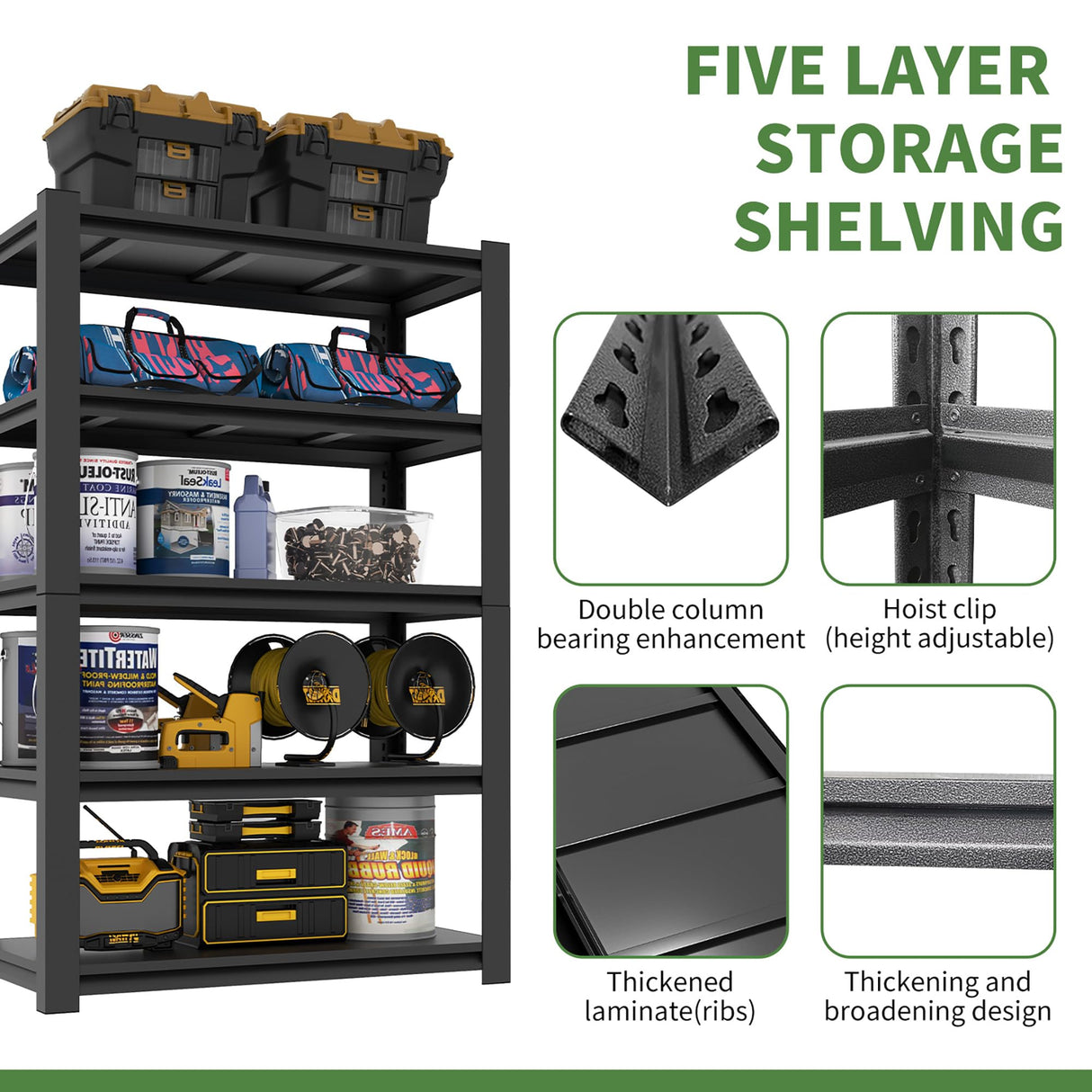 VIYET Heavy Duty 5 Tier Storage Shelves - 3000Lbs Capacity, Adjustable, Suitable for Warehouse, Basement, Workshop, 24"D x 48"W x 72"H, Black VIYET