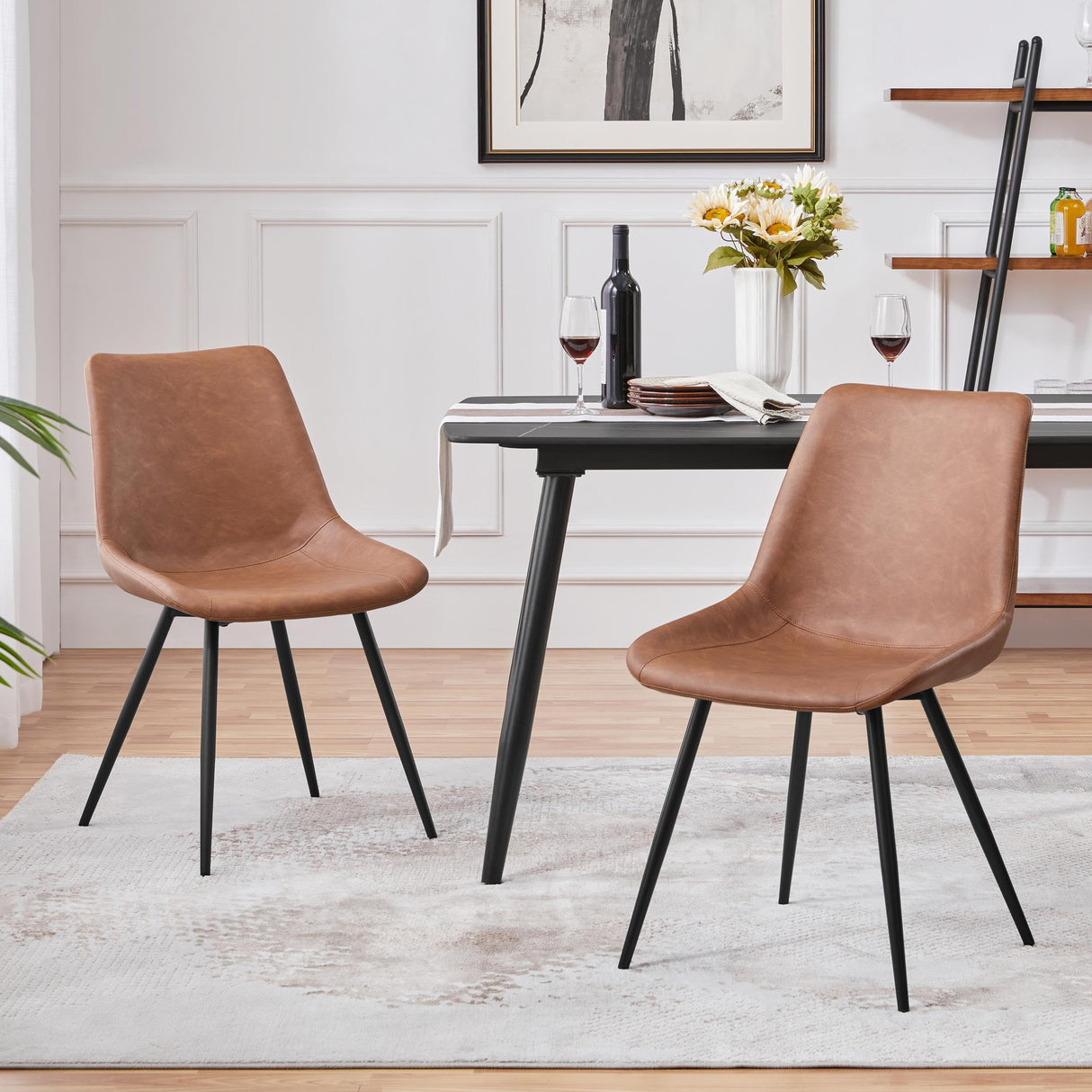 Yaheetech Dining Chairs Set of 2 Upholstered Modern Dining Room Chairs Mid Century Faux Leather Kitchen Chairs with Metal Legs for Dining Room Kitchen, Brown Yaheetech