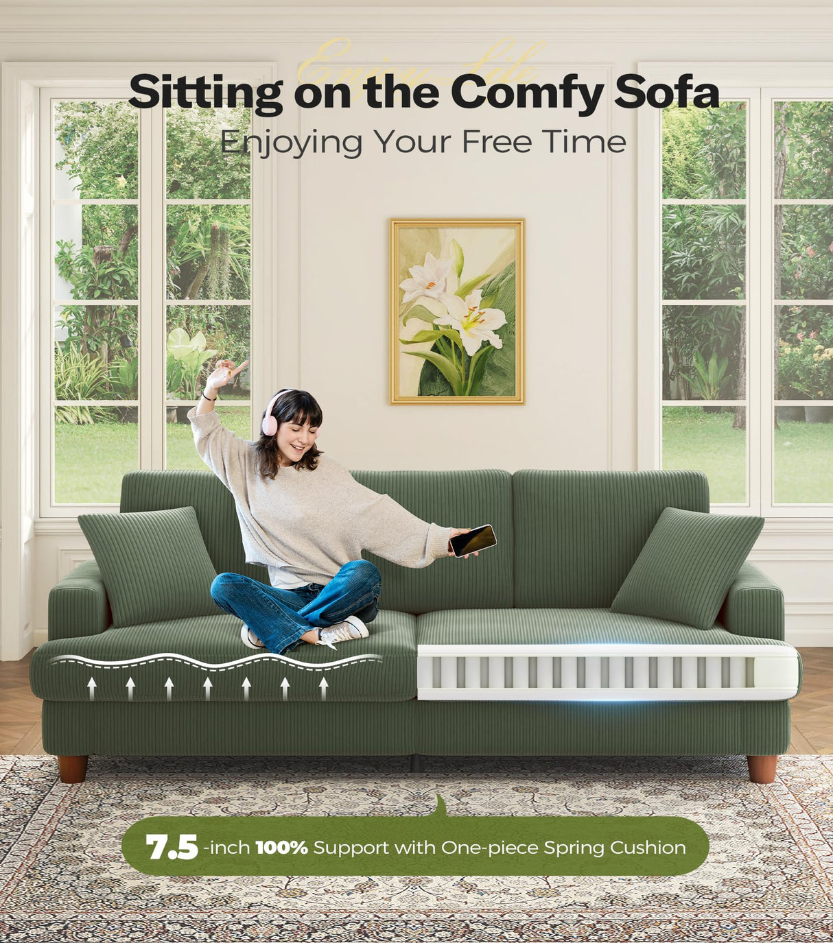 Kidirect 87in Green Sofa, Couches for Living Room 21in Extra Deep Seats, Comfy Corduroy Sofas for Living Room No Tool Assembly, Modern Oversized Love Seat with 2 Pillows, Sofa Couch for Bedroom Kidirect