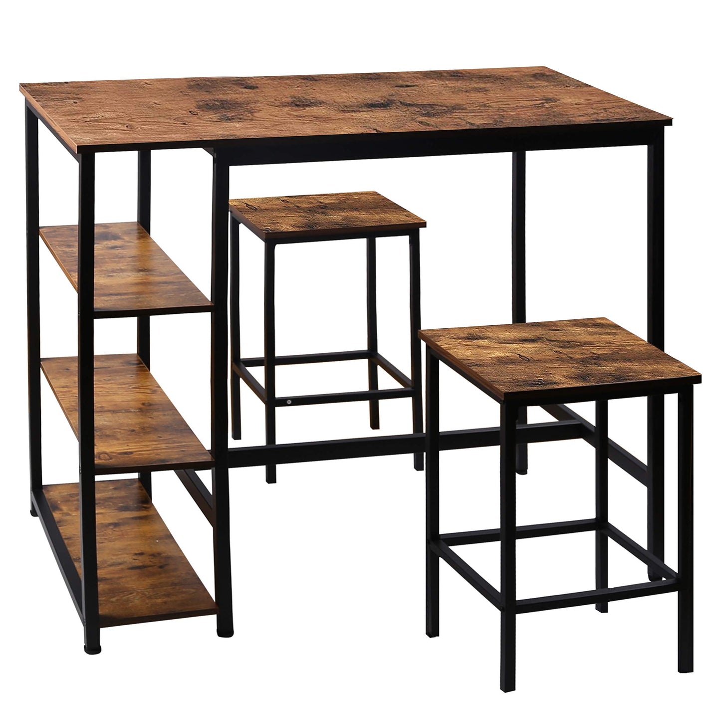 MUPATER Rustic Brown High Industrial Bar Dining Table Set with Storage Shelves and Stools