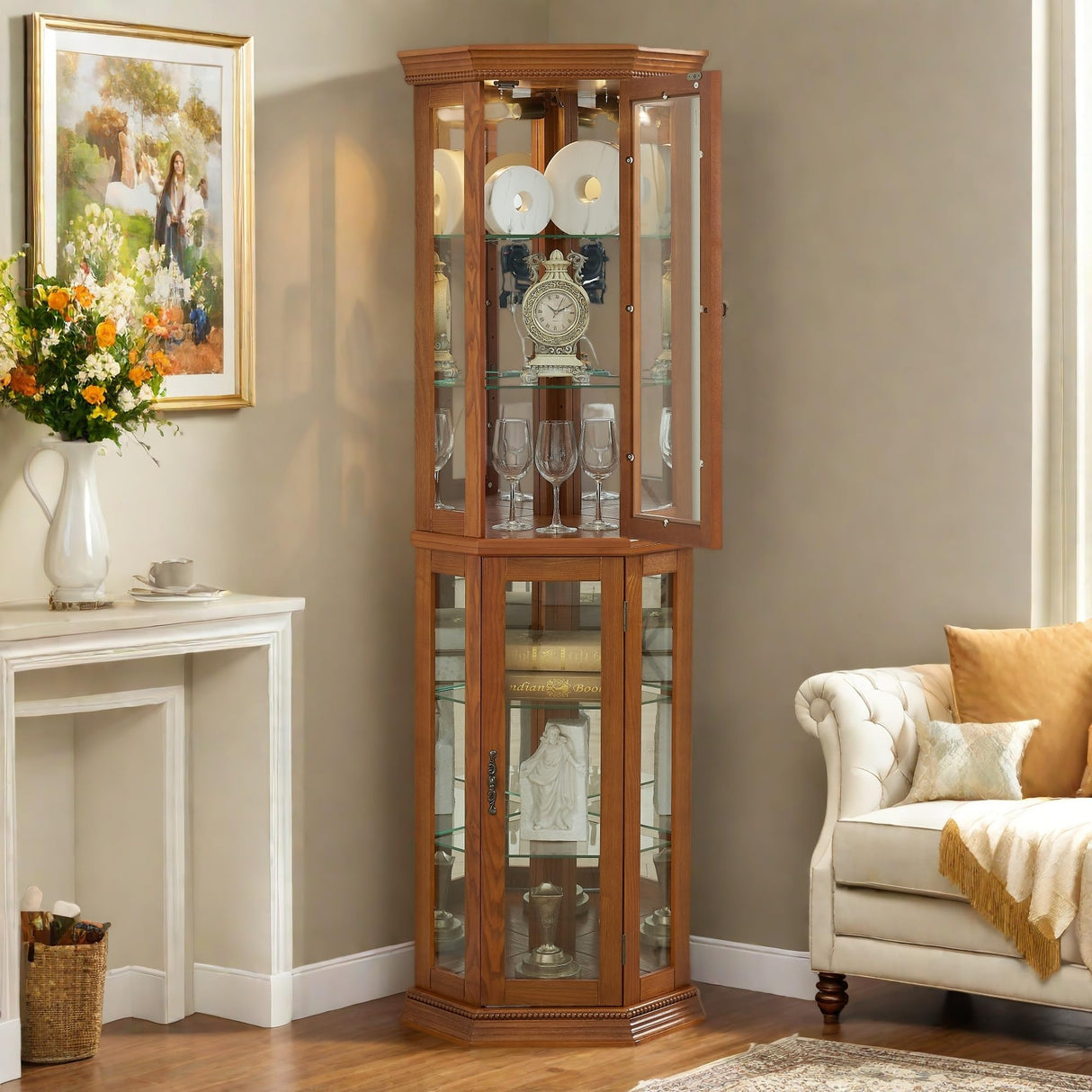Trygoal 70" H Lighted Corner Display Cabinet, Wooden Storage Display Case with Tempered Glass Doors, Accent Cabinet with Adjustable Shelves for Living Room, Oak Trygoal