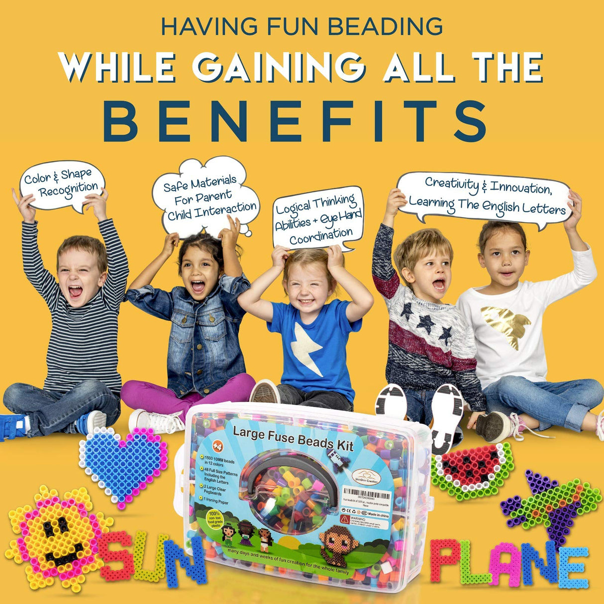 Fuse Beads kit of 1500 Large 10MM Melty Beads Perfect for Ages 4-7 with 48 Patterns and pegboard Arts and Crafts for Girls and Boys shinshin creation