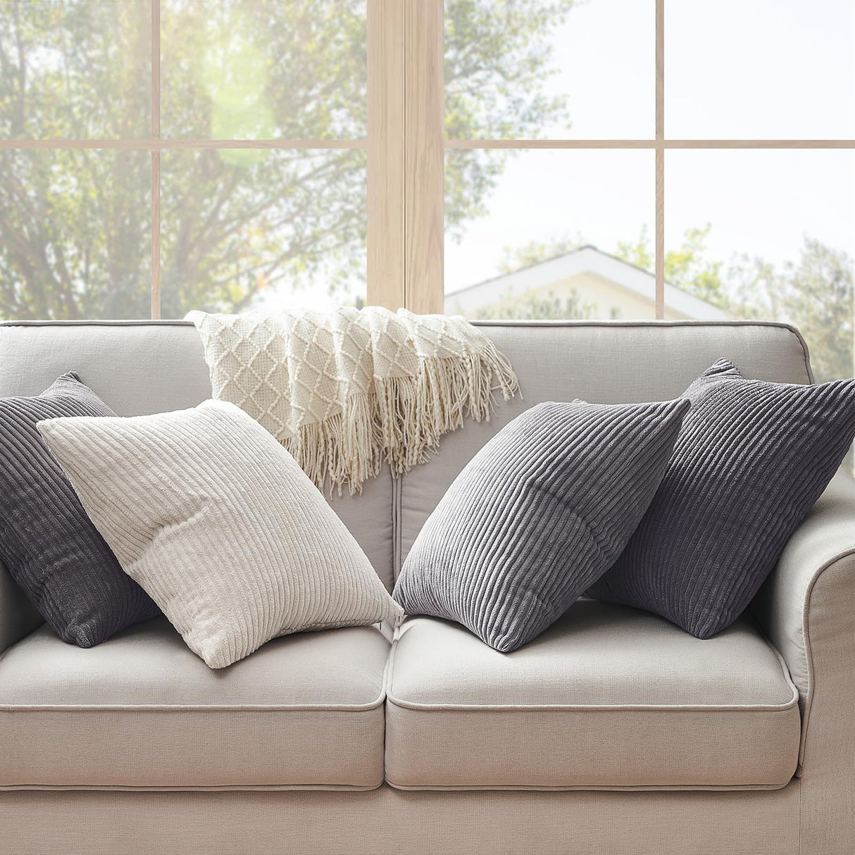 Topfinel Neutral Grey Decorative Throw Pillow Covers 18x18 Inch Set of 4,Modern Farmhouse Striped Corduroy Cushion Cases,Square Euro Shams for Sofa,Bedroom,Floor,Car(45cm Dark Gray) Topfinel