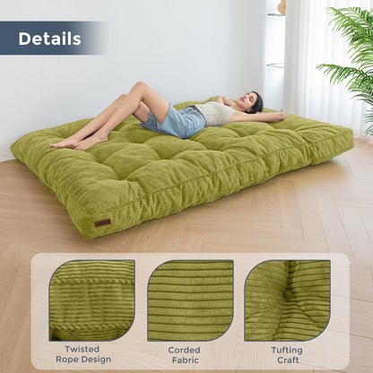 MAXYOYO 6" Futon Mattress Full Size, Tufted Futons Sofa Couch Bed with Twisted Rope Design Edging, Thick Corded Fabric Floor Mattress for Adults, Shredded Foam Filling (Frame Not Included), Green