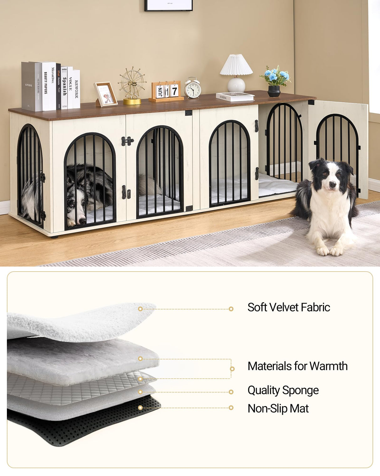 Hzuaneri Dog Crate Furniture, 71" Heavy Duty Dog Kennels with Divider, Pads, Side Table, TV Cabinet, Wooden Dog Crate Furniture for 2 Dogs, Small/Medium/Large Dog, Anti-Chew, White Brown Hzuaneri