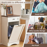 AHB 13 Gallons Tilt Out Trash Cabinet Free Standing Kitchen Trash Cabinet Recycling Garbage Cabinet with Hideaway Drawer Pet Proof Trash Can Holder for Kitchen Living Room, White AHB