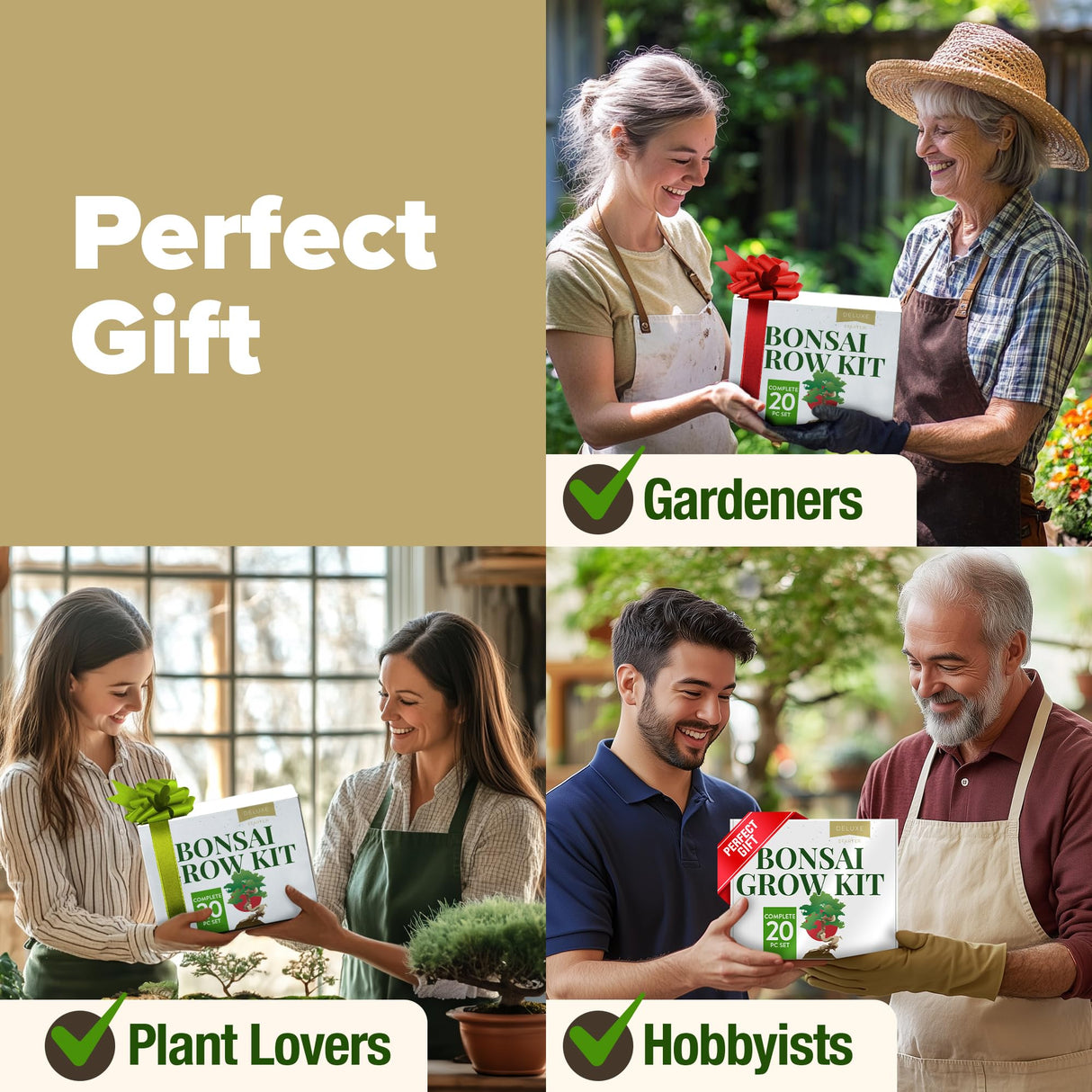 HOME GROWN Bonsai Tree Kit – Grow 4 Bonsai Types Indoors with Complete Starter Kit Including Pots Peat Pellets and Bonus Grow Guide – Unique Gardening Gift for Men Women Beginners HOME GROWN