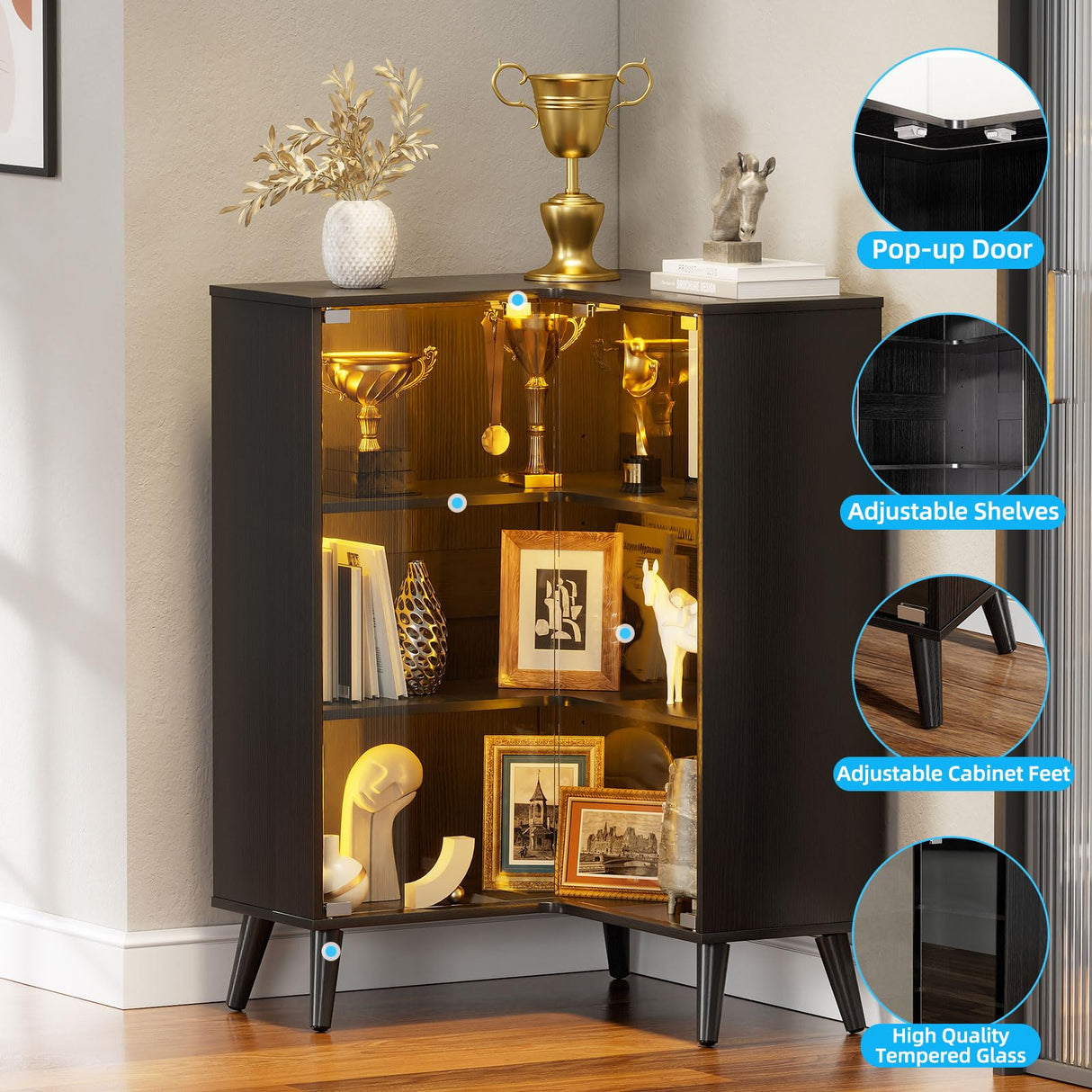 PAKASEPT 3-Tier Corner Glass Display Cabinet with LED Lights for Collectibles,Display Case with Tempered Glass Doors,Curio Cabinet with 6 Adjustable Shelves,Kids Bookcase for Bedroom, Living Room PAKASEPT