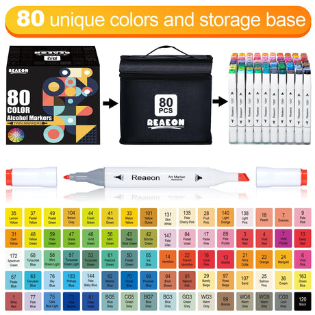 Reaeon Alcohol Art Markers, 80 Colors Fine & Chisel Dual Tip Marker Set, Permanent Art Markers for Adults Kids Sketching Painting Drawing and Coloring（White Barrel Reaeon