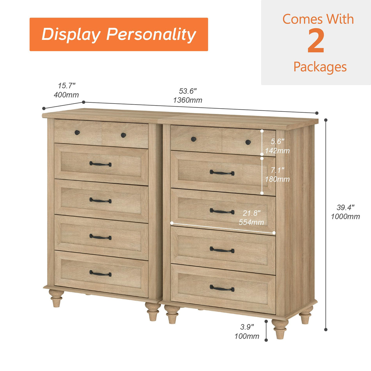 WAMPAT Wide Dresser for Bedroom with 10 Drawers, Farmhouse Chest of Drawers with Solid Wood Legs, Vertical Dresser Storage Organizer, Wooden Dressers Set for Kids Bedroom, Hallway, Oak WAMPAT