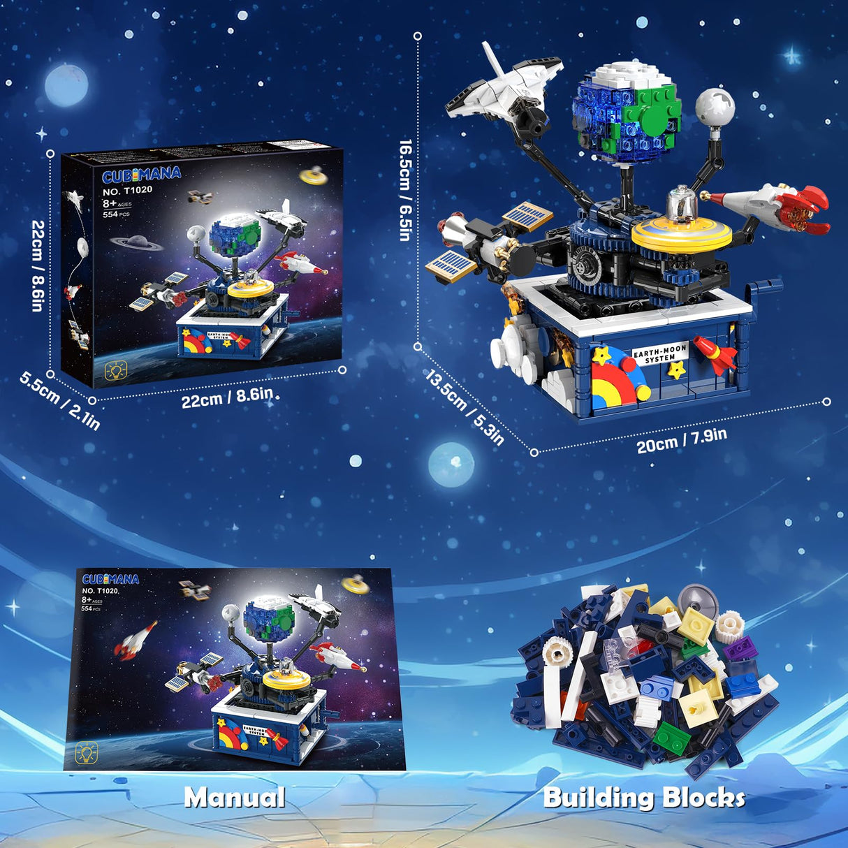 CUBIMANA Planet Rotatable Space Sets with Light - Earth & Moon Space Exploration Building Toys with Shuttle Spaceship Science Kits Building Blocks Gifts for Kids Age 8+ Years Old Boys Girls(554 PCS) CUBIMANA