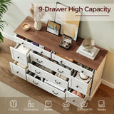 MAHANCRIS Farmhouse 9 Drawer Dresser for Bedroom, 55.1'' Modern Dresser, Engineered Wood Chest of Drawers, TV Stand with Storage, for Bedroom, Living Room, Hallway, White and Walnut MAHANCRIS