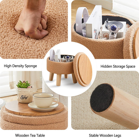 Wimarsbon Storage Ottoman, Modern Round Footrest with Soft Padded Seat, Teddy Velvet Footstool with Wood Legs, Accent Small Table or Plant Stand for Hallway, Living Room (Champagne) Wimarsbon