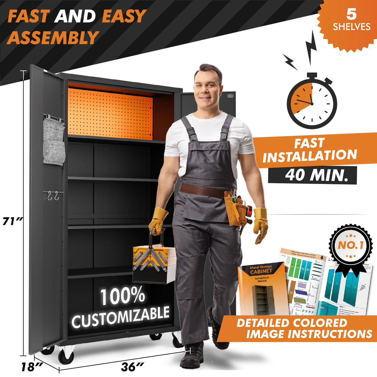 METALTIGER Metal Storage Cabinet with Wheels & Lock, Rolling Garage Storage Locker with Locking Doors, Tool Cabinet on Wheels (72" Large Rolling Digital, Black) METALTIGER