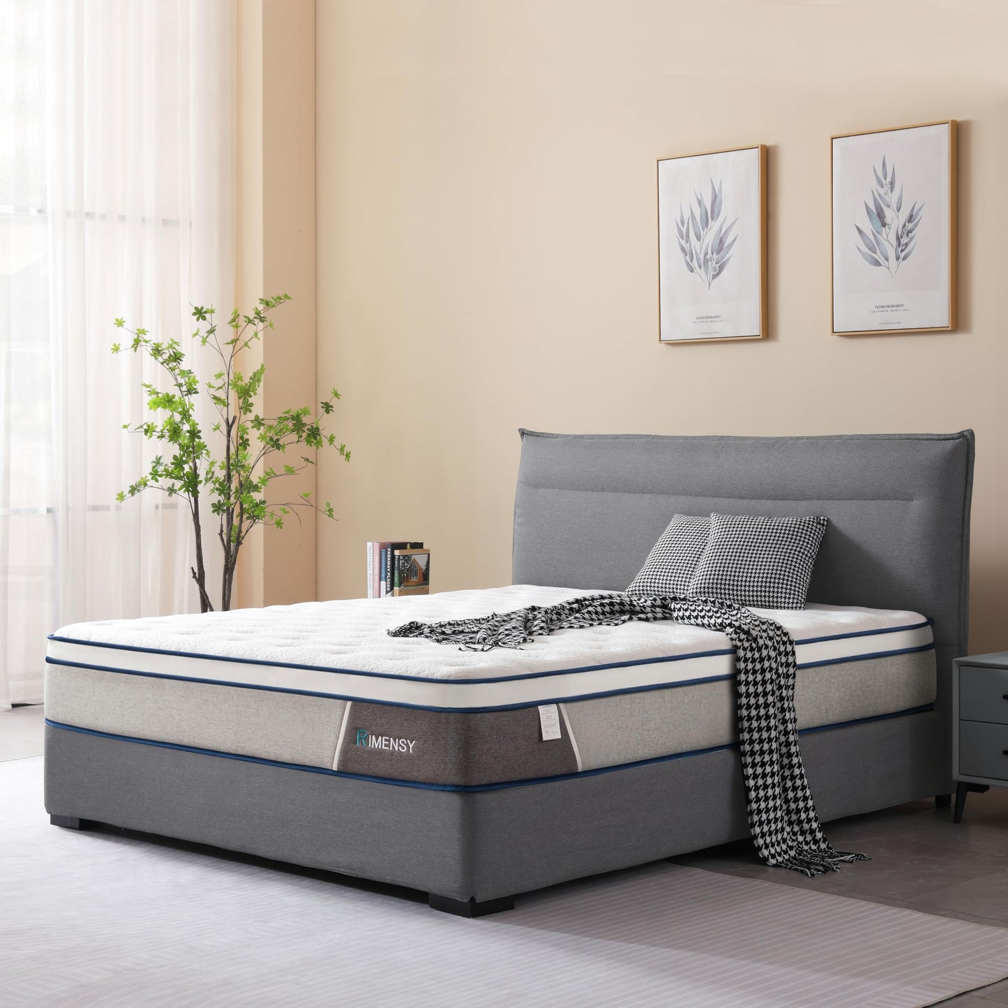 Rimensy Queen Mattress, 14 Inch Gel Memory Foam and Innerspring Hybrid Mattress in a Box, Motion Isolation, Medium Firm Mattress, Pressure Relief, Queen Size Mattress 60"*80"*14"