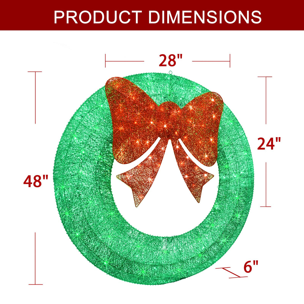 48Inch 4FT Large Christmas Wreath - Outdoor Christmas Wreaths with LED Lights,Extension Cable, Xmas Decorations for Door Outdoor Indoor Wall Home - Green HOYECHI