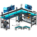 ODK 59" L Shaped Gaming Desk with LED Lights, Power Outlets, and Storage Solutions in Black Carbon Fiber ODK