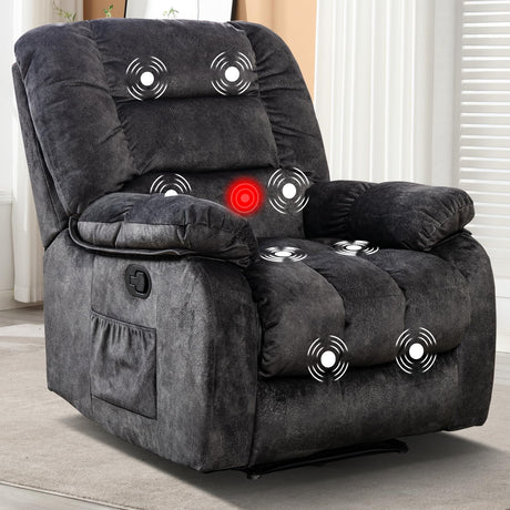 EBELLO Massage Recliner Chair with Vibration Massage and Heat, Soft Fabric Overstuffed Manual Reclining Sofa Chair for Living Room with Side Pocket, Grey EBELLO