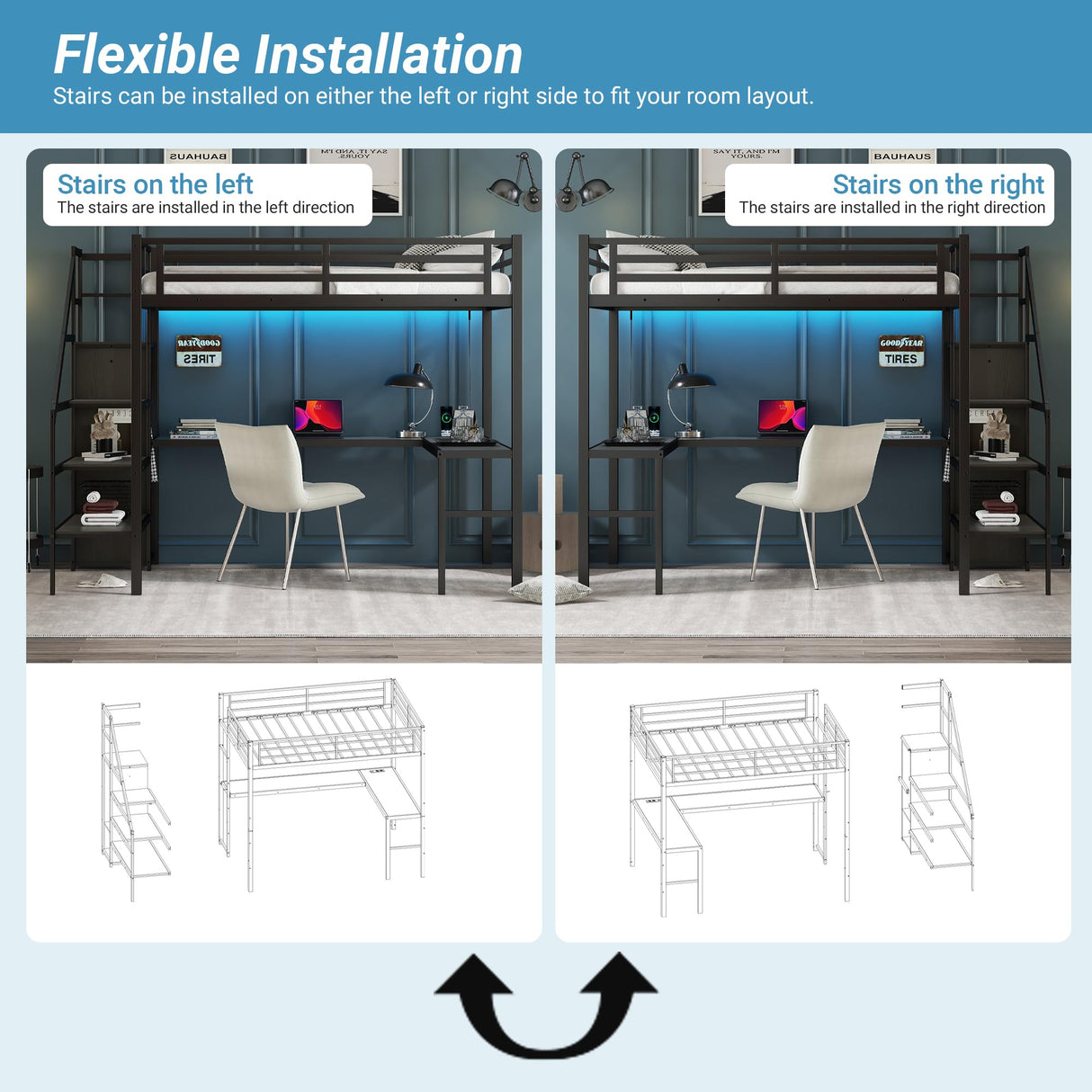 MAKIAAP Full Metal Loft Bed with Desk, Wardrobe & Storage Stairs – Heavy Duty Frame with LED Lights & Charging Station, Space-Saving Design for Adults & Teens (Black, Full) MAKIAAP