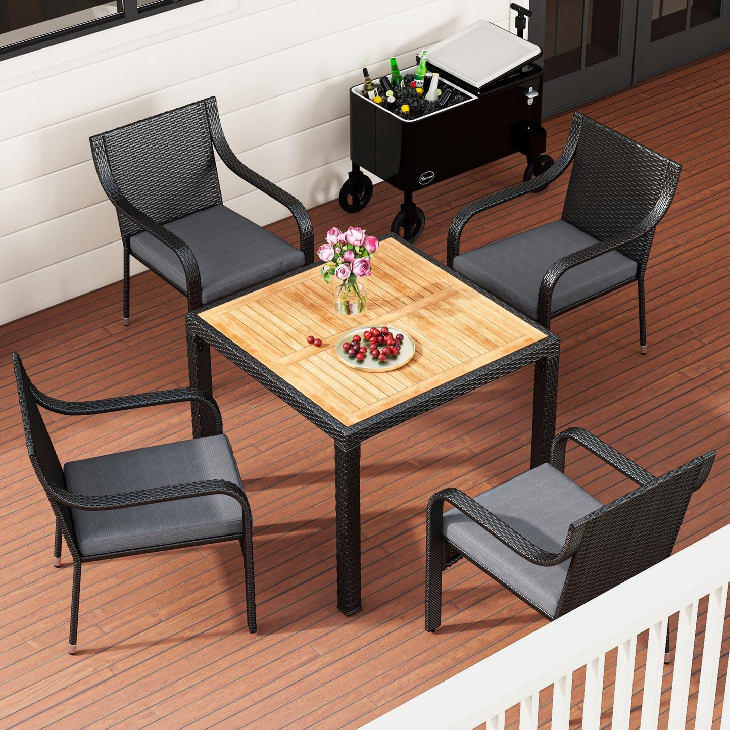 YITAHOME 5-Piece Patio Dining Set, Outdoor Wicker Conversation Furniture with Wooden Tabletop and Cushions, Wicker Square Dining Sets for Lawn Garden Backyard Deck - WoodArtSupply